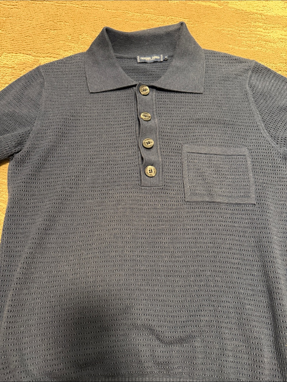 Textured Navy Knit Polo with Chest Pocket